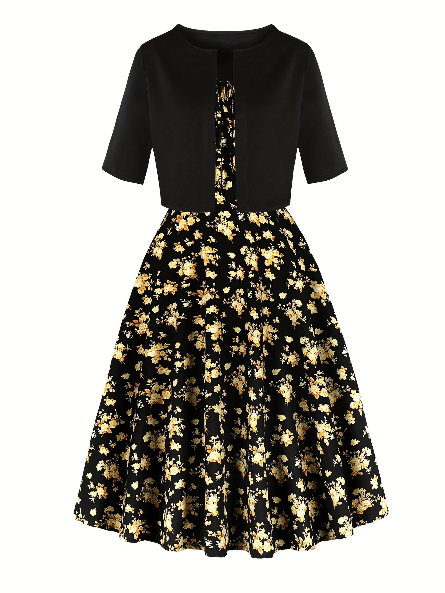 1pc Elegant Floral Print Two-Piece Dress Set, Polyester 100%, Crew Neck, Short Sleeve Top with Bow Detail, Woven Skirt, Spring\u002FSummer Party Outfit