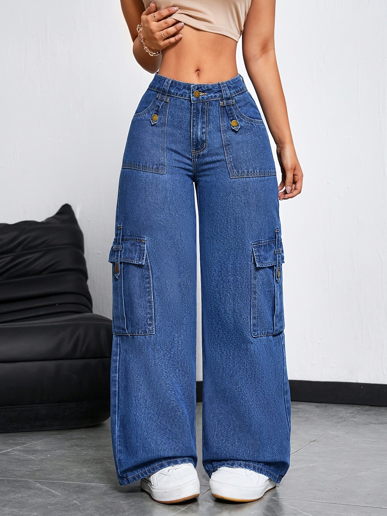 Women'S High-Waisted Cargo Jeans with Multiple Pockets - Stretch Denim, Raw Wash Finish, Straight Leg, Casual Streetwear Style, Blue, Casual Streetwear | Multi-Pocket Design | Comfortable Fit Jeans