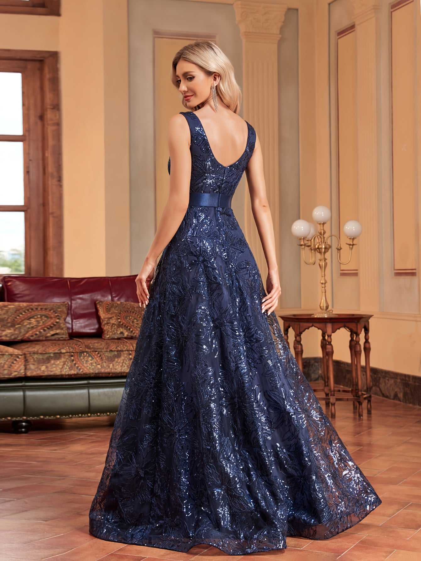 Elegant V-Neck Sequin Embroidered Sleeveless Maxi Dress for Women - Flowing Floor-Length Evening Gown with Lace Detailing, Perfect for Parties, Proms, and Formal Events