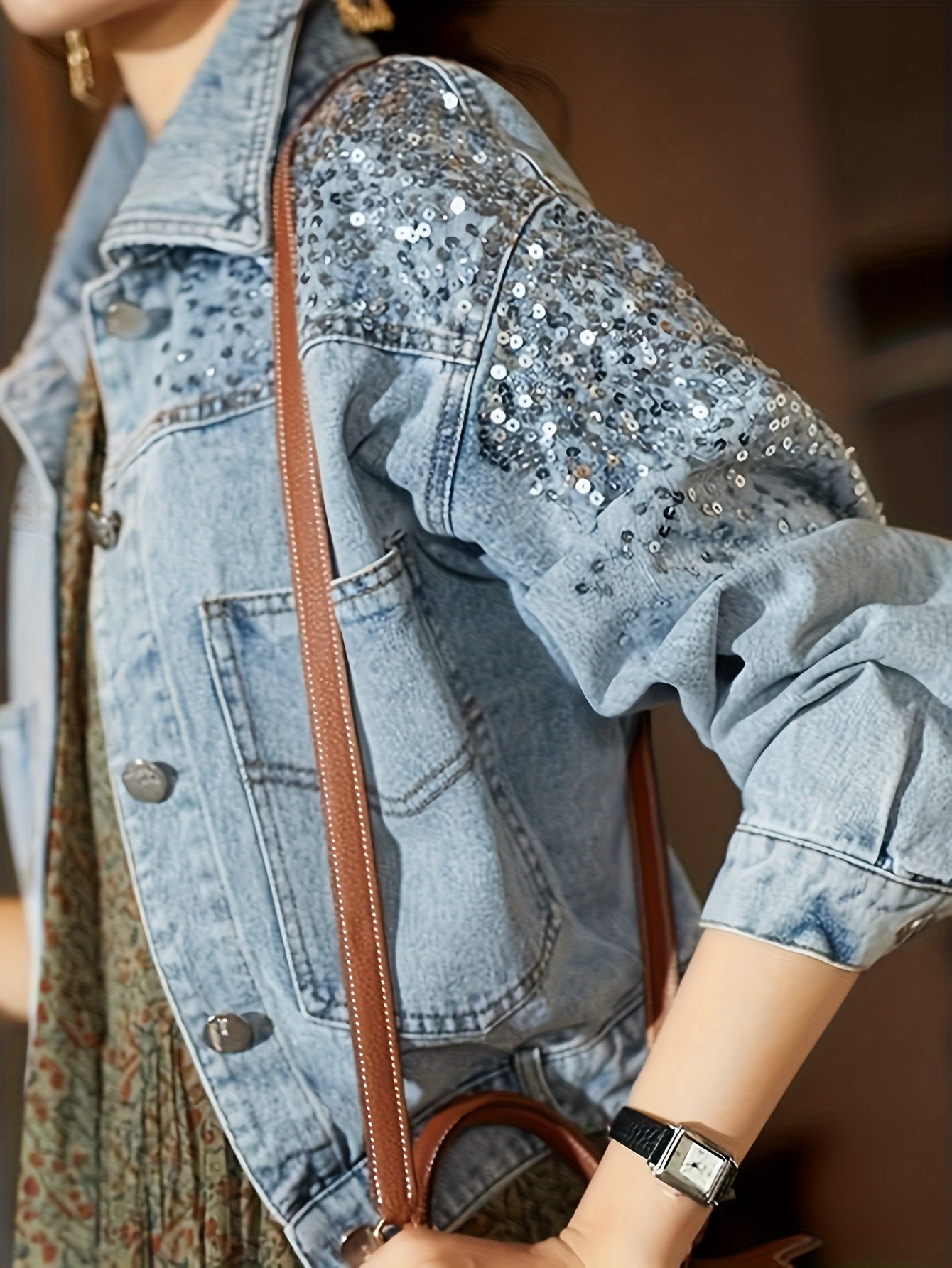 Women'S Vintage-Inspired Faux Denim Jacket with Sequin Pockets - Casual Yet Chic Long Sleeve Button-Up Outerwear for Spring\u002FSummer, Non-Stretch Fabric, Casual Wear Jacket|Vintage Faux Denim Jacket|Sleek Casual Styl