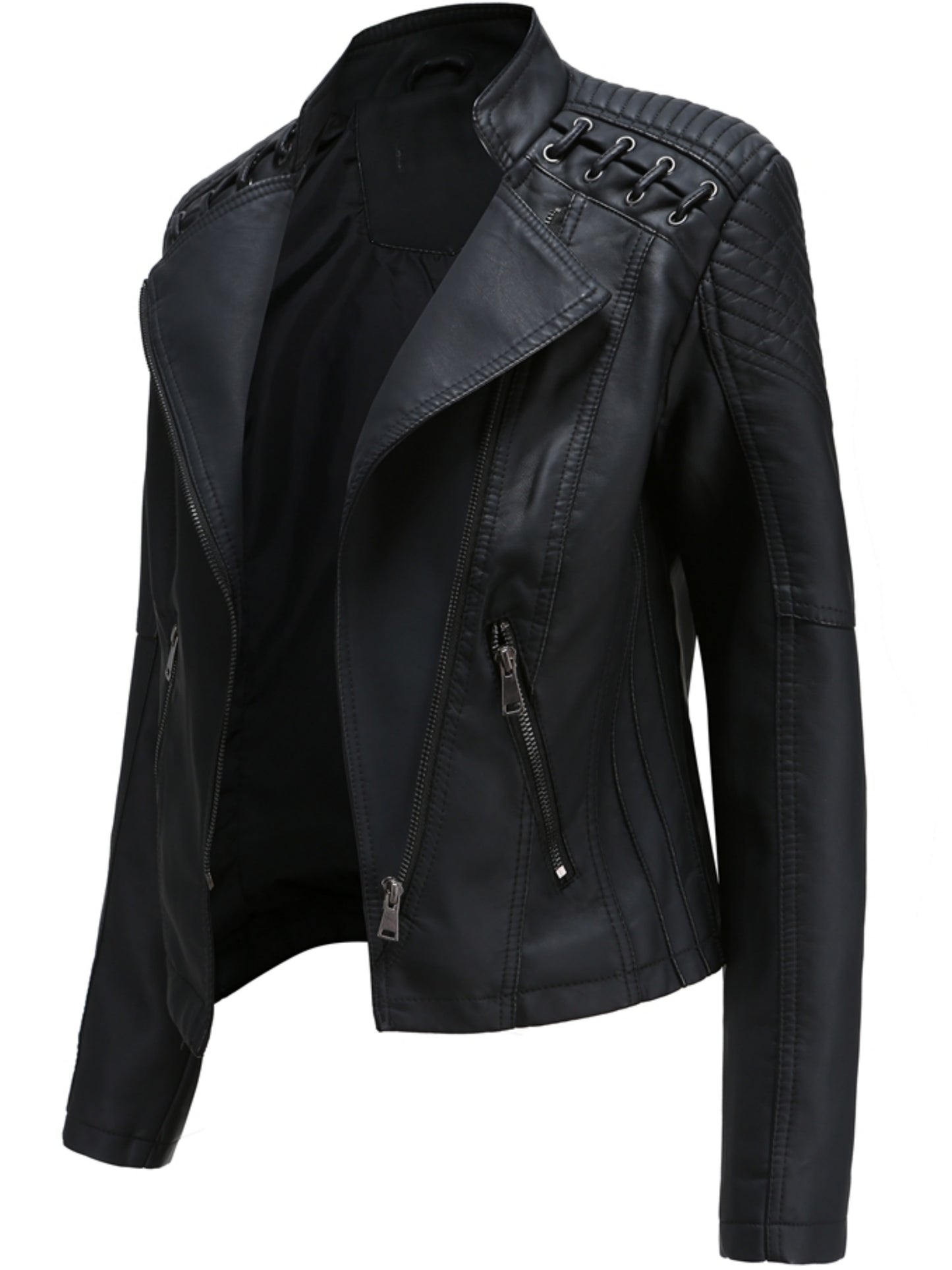 Short Silvery Zippered Motorcycle Jacket Black PU Moto Coat - Stand-Up Collar with Metal Buckles, Slim Fit Short Length, Shoulder Stitched Texture, Zippered Pockets