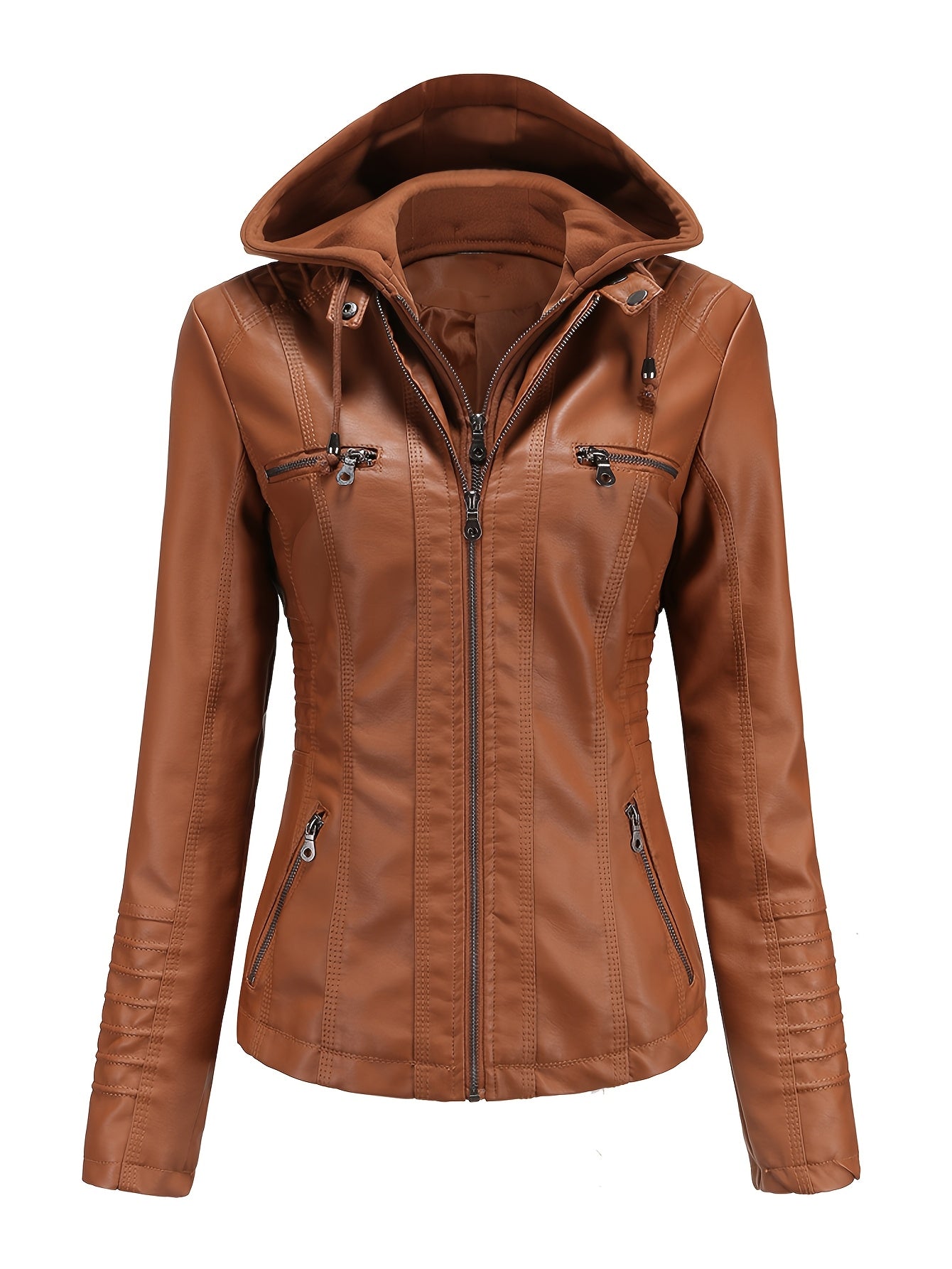 Women'S Elegant Black Hooded Jacket with Detachable Shoulder Straps - Perfect for Spring and Fall, Casual Style, Zipper Closure, Faux Leather Outerwear, Casual Jacket| Detachable Shoulder Straps|Zipper Closure Jacke