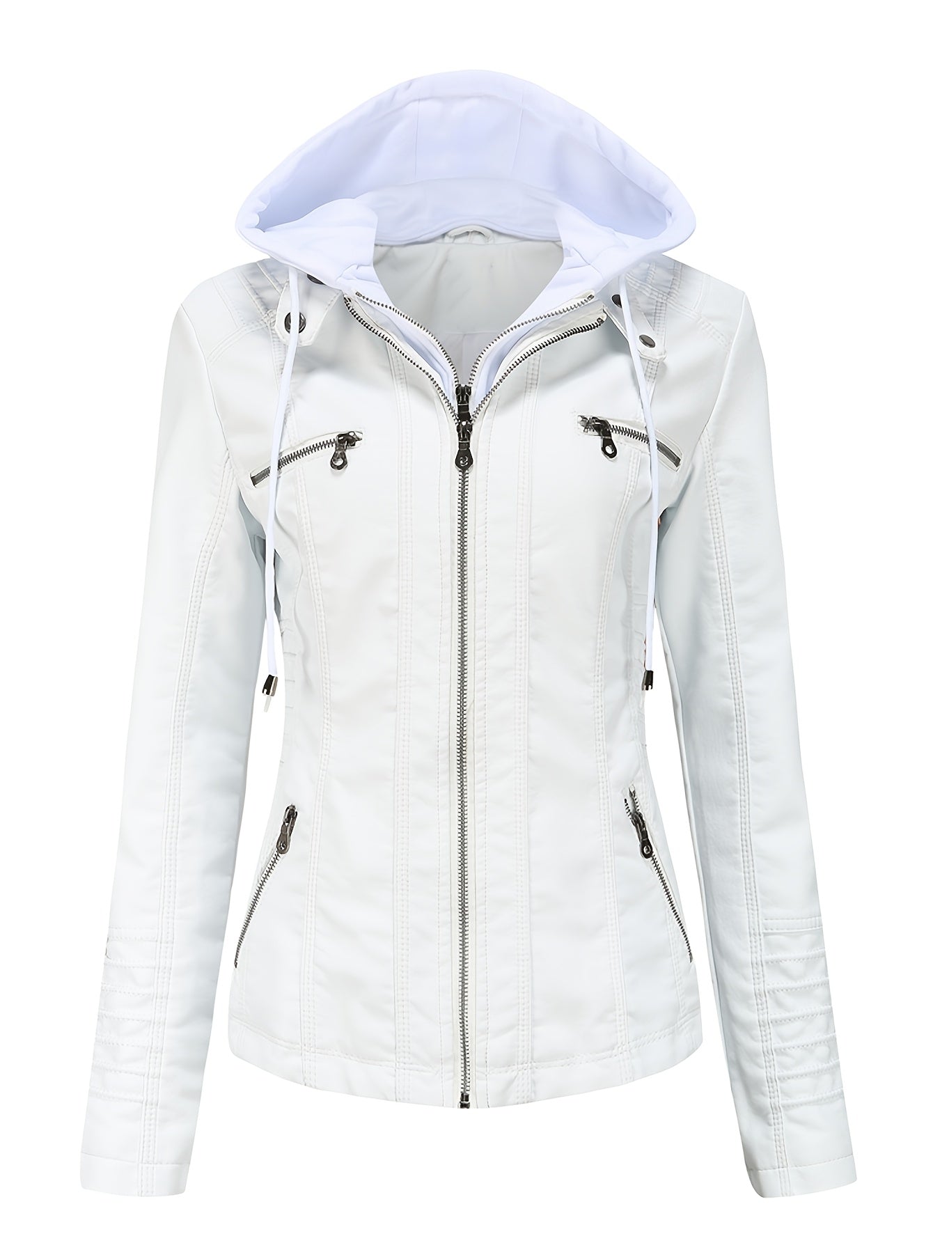 Women'S Elegant Black Hooded Jacket with Detachable Shoulder Straps - Perfect for Spring and Fall, Casual Style, Zipper Closure, Faux Leather Outerwear, Casual Jacket| Detachable Shoulder Straps|Zipper Closure Jacke