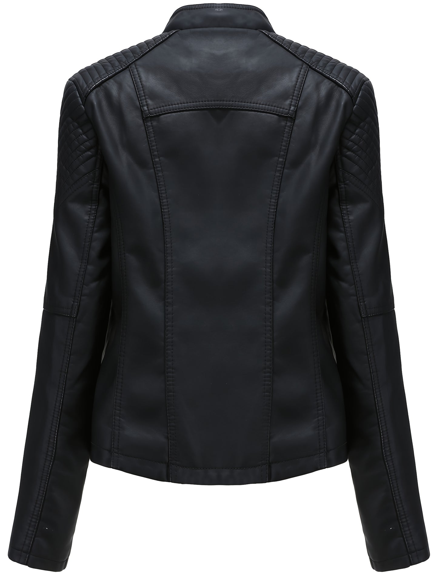 Short Silvery Zippered Motorcycle Jacket Black PU Moto Coat - Stand-Up Collar with Metal Buckles, Slim Fit Short Length, Shoulder Stitched Texture, Zippered Pockets