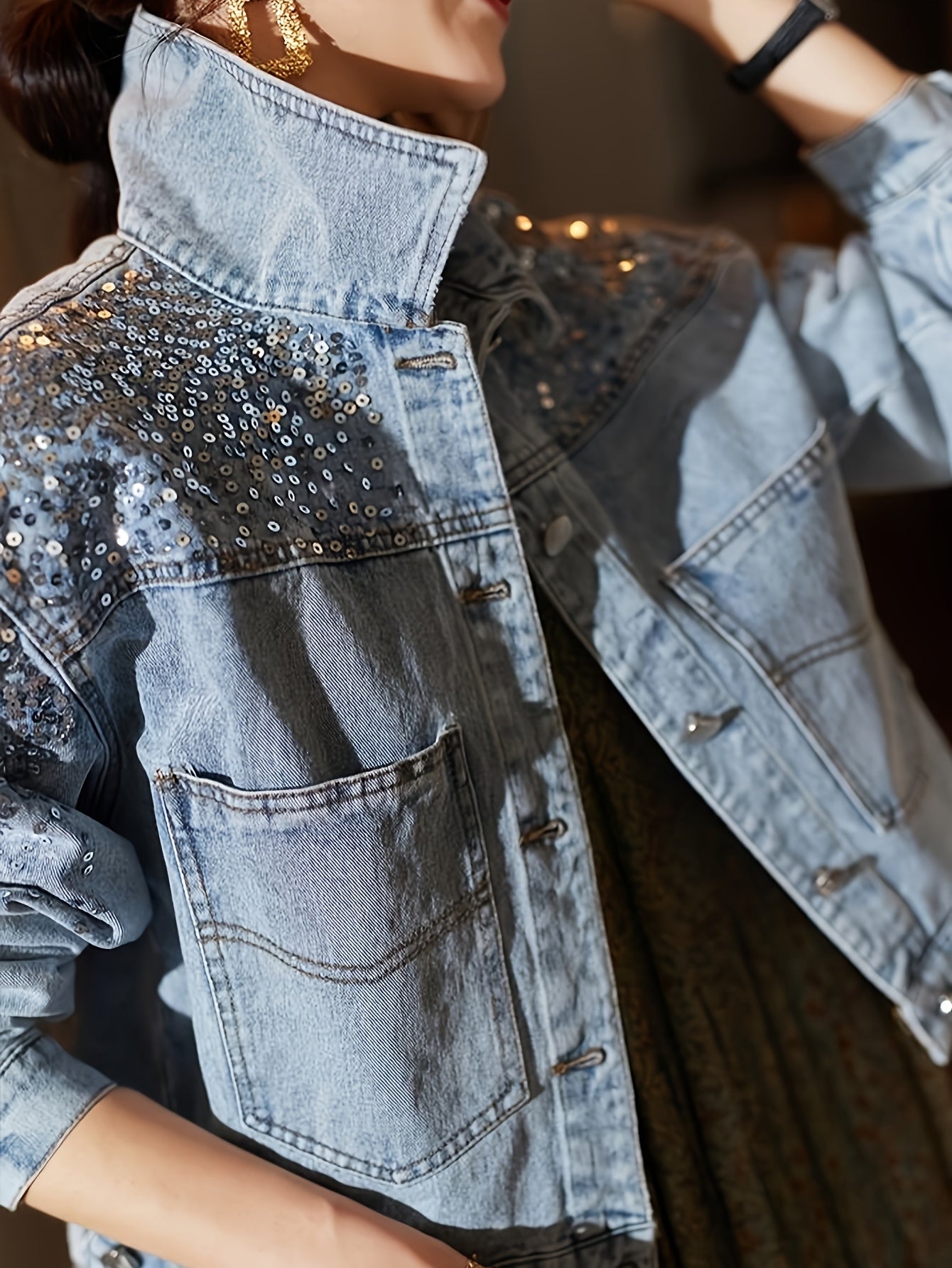 Women'S Vintage-Inspired Faux Denim Jacket with Sequin Pockets - Casual Yet Chic Long Sleeve Button-Up Outerwear for Spring\u002FSummer, Non-Stretch Fabric, Casual Wear Jacket|Vintage Faux Denim Jacket|Sleek Casual Styl