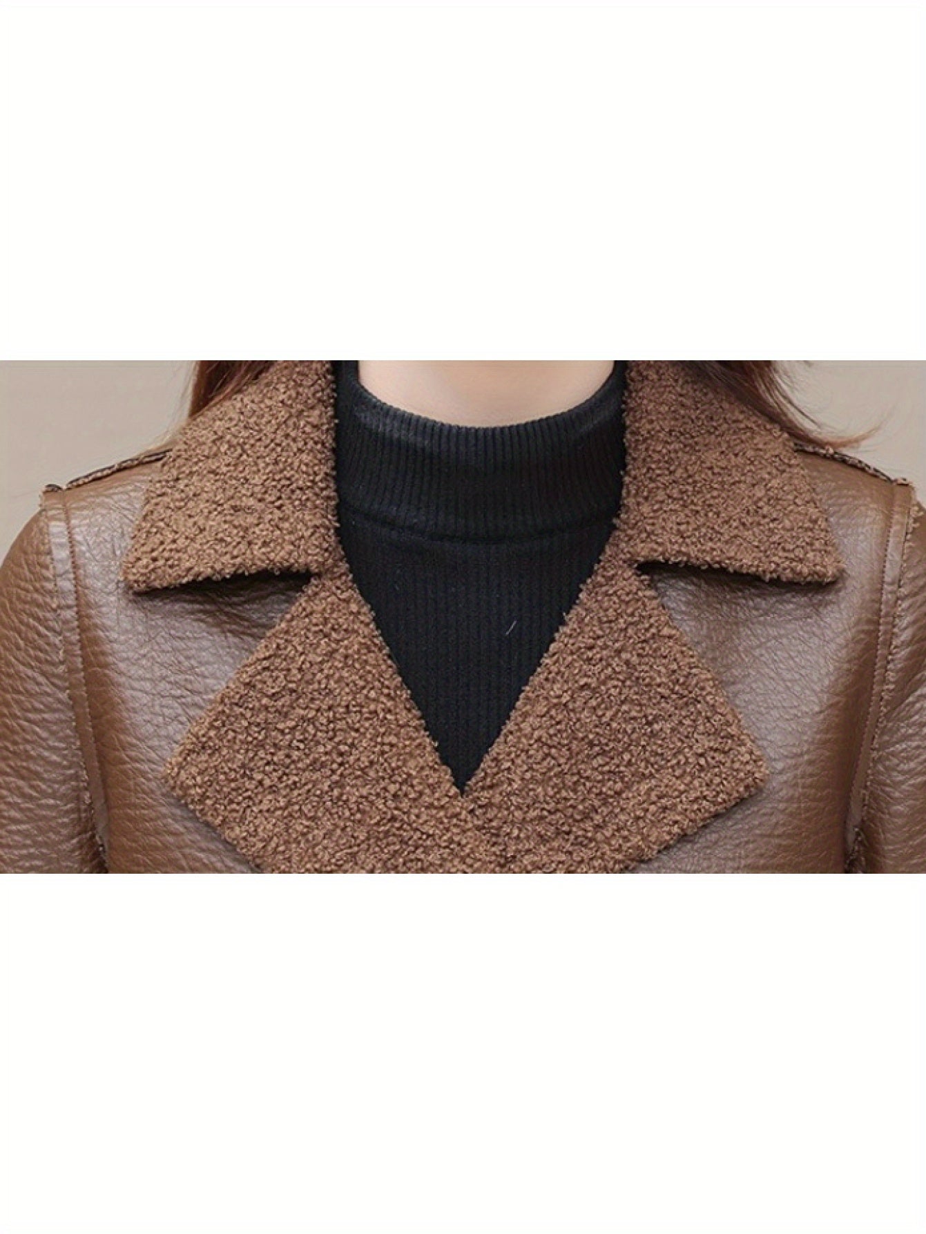 Elegant PU Leather Reversible Jacket for Women - Warm Fleece-Lined, Casual Loose Fit with Pockets, Solid Color, Polyurethane Material, Perfect for Fall\u002FWinter