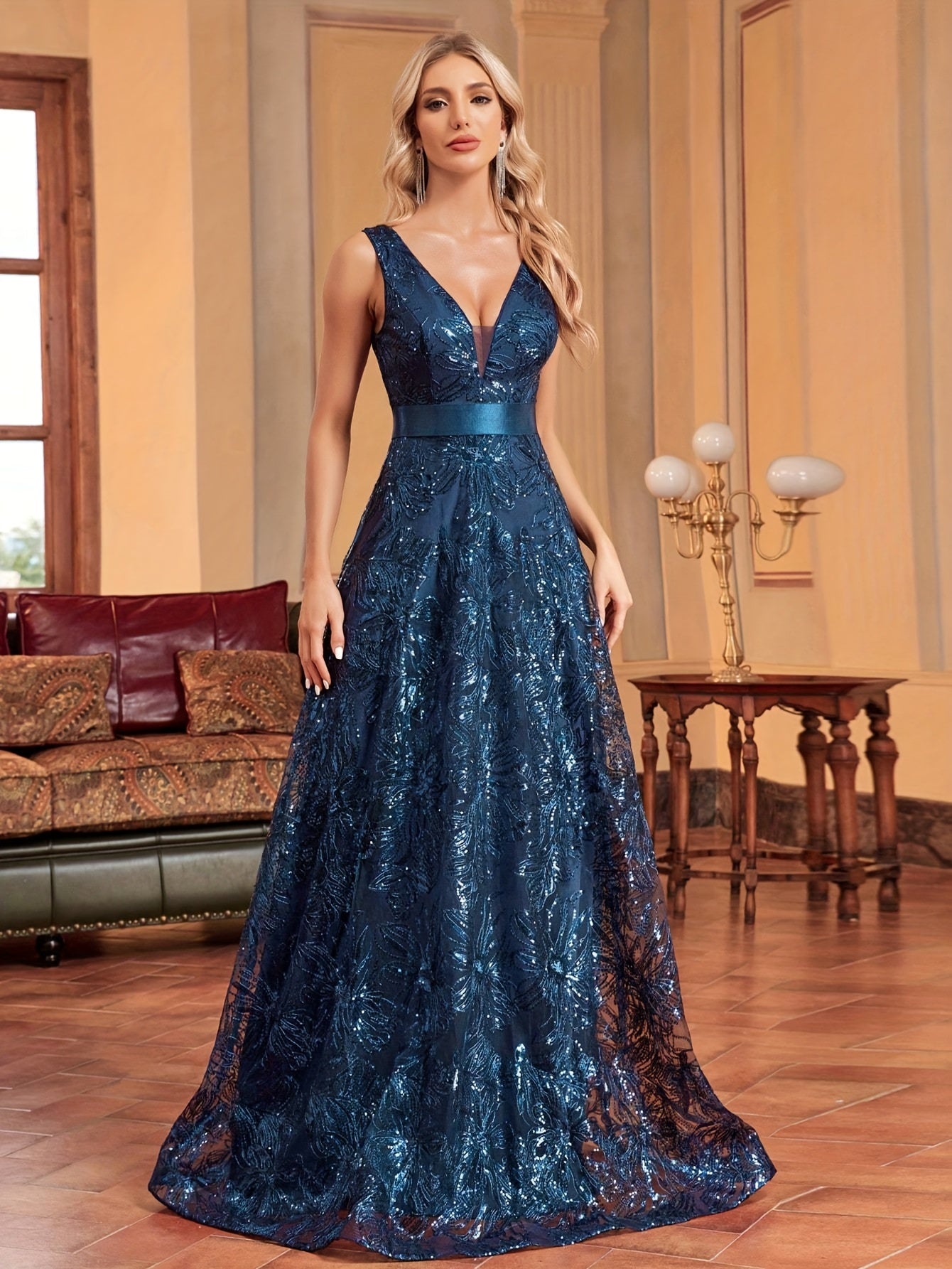 Elegant V-Neck Sequin Embroidered Sleeveless Maxi Dress for Women - Flowing Floor-Length Evening Gown with Lace Detailing, Perfect for Parties, Proms, and Formal Events