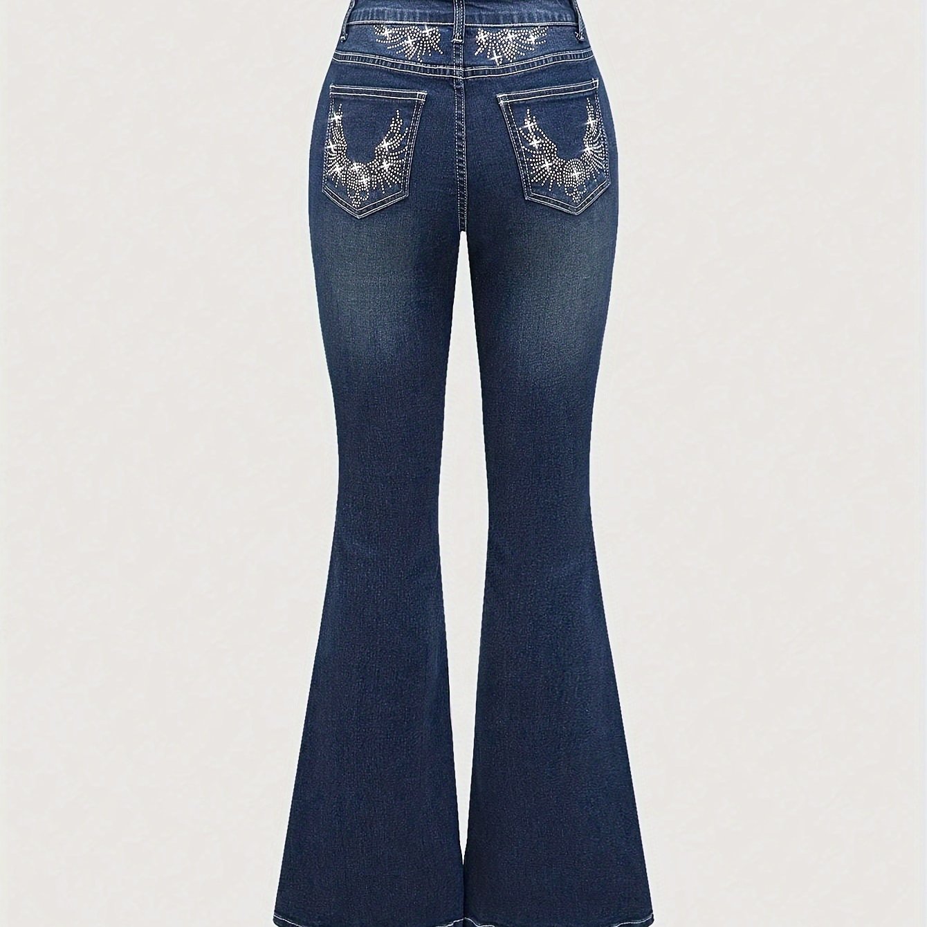 Stretch Comfort Women's Stretch Denim Flare Jeans with Rhinestone Details - Elegant Blue Bell Bottom Pants, Mid-Rise, Blend, Machine Washable, All-Season Comfort Fit