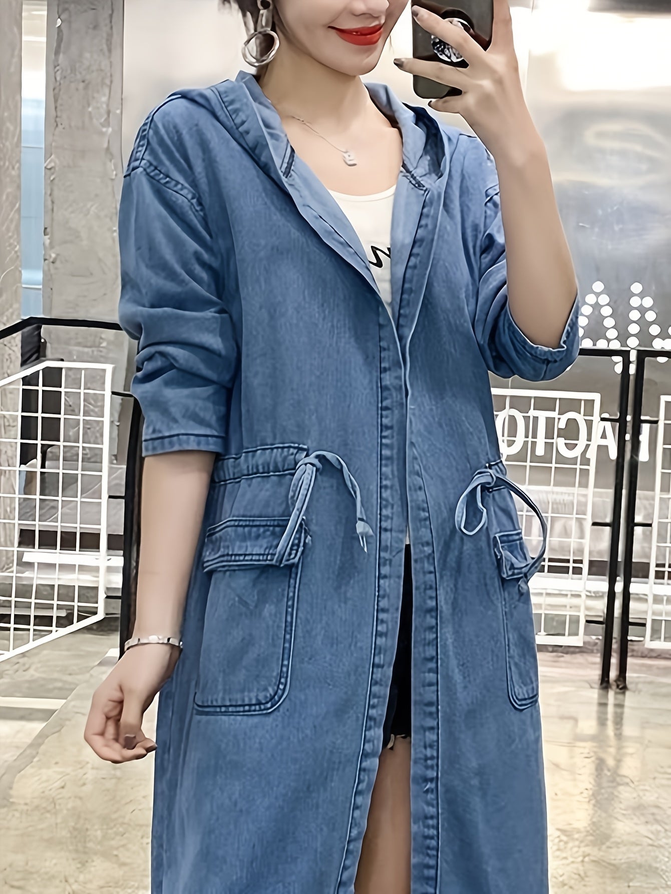 Women'S Vintage-Inspired Faux Denim Jacket with Kangaroo Pocket - Long Sleeve, Hooded, Non-Stretch Fabric, Casual Style, Spring\u002FSummer Collection, Blue Jean Jacket for Women