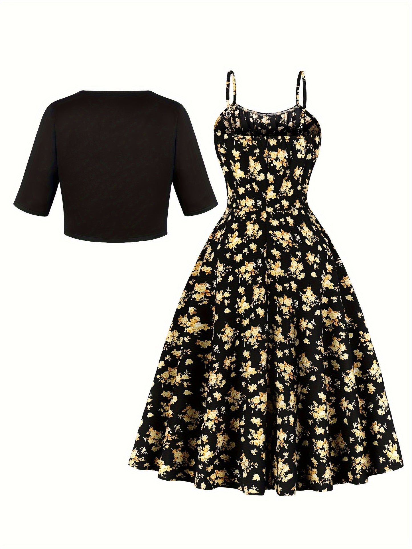 1pc Elegant Floral Print Two-Piece Dress Set, Polyester 100%, Crew Neck, Short Sleeve Top with Bow Detail, Woven Skirt, Spring\u002FSummer Party Outfit
