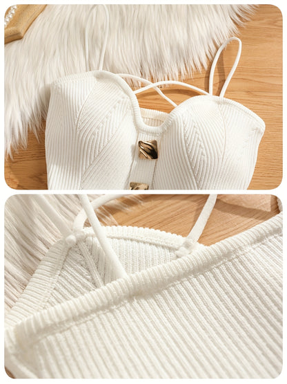 A Two-Piece Set Featuring a Comfortable Strapless Tank Top with Three-Button Design, Solid Color, Sleeveless And Slimming, Versatile for Everyday Parties, Making It an Ideal Gift for Valentine'S Day.