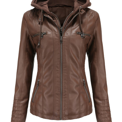 Women'S Elegant Black Hooded Jacket with Detachable Shoulder Straps - Perfect for Spring and Fall, Casual Style, Zipper Closure, Faux Leather Outerwear, Casual Jacket| Detachable Shoulder Straps|Zipper Closure Jacke