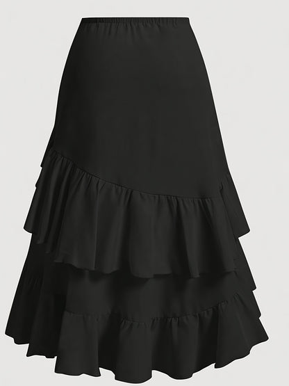 Vintage Brown Pleated Midi Skirt with Ruffled Hem and Cross Detail – Breathable, Stretchy Waistband, Machine Washable – Perfect for Commuting, Outings, and Everyday Elegance