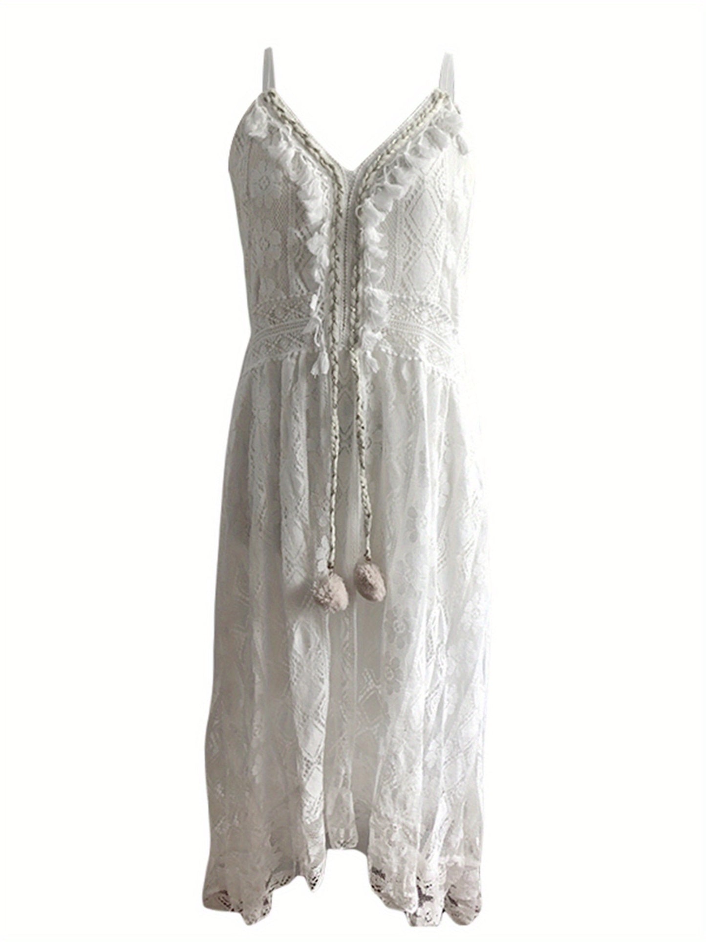 Women's Vintage Lace Hem Dress - Deep V-Neck Sleeveless Beachwear, Lightweight Summer Skirt with Intricate Lace Detailing, Machine Washable, Beige\u002FWhite, Elegant Daywear, Soft Flowy Fabric