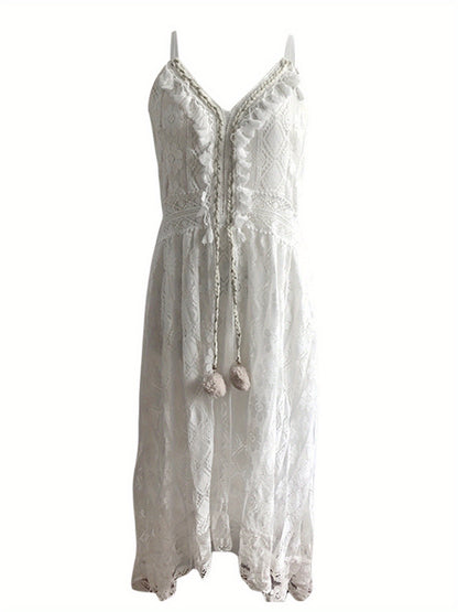 Women's Vintage Lace Hem Dress - Deep V-Neck Sleeveless Beachwear, Lightweight Summer Skirt with Intricate Lace Detailing, Machine Washable, Beige\u002FWhite, Elegant Daywear, Soft Flowy Fabric