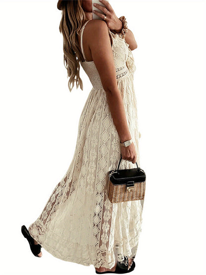 Women's Vintage Lace Hem Dress - Deep V-Neck Sleeveless Beachwear, Lightweight Summer Skirt with Intricate Lace Detailing, Machine Washable, Beige\u002FWhite, Elegant Daywear, Soft Flowy Fabric