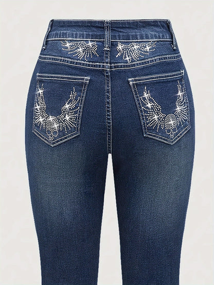 Stretch Comfort Women's Stretch Denim Flare Jeans with Rhinestone Details - Elegant Blue Bell Bottom Pants, Mid-Rise, Blend, Machine Washable, All-Season Comfort Fit
