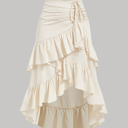 Vintage Brown Pleated Midi Skirt with Ruffled Hem and Cross Detail – Breathable, Stretchy Waistband, Machine Washable – Perfect for Commuting, Outings, and Everyday Elegance