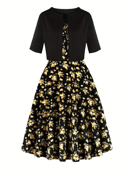 1pc Elegant Floral Print Two-Piece Dress Set, Polyester 100%, Crew Neck, Short Sleeve Top with Bow Detail, Woven Skirt, Spring\u002FSummer Party Outfit