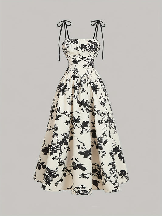 Elegant Floral Print Square Neck Dress for Women - Sleeveless A-Line Midi with Lace-Up Detail, Spring\u002FSummer\u002FFall Fashion, White with Blue Floral Patterns, Floral Dress
