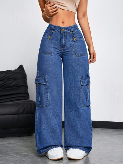 Women'S High-Waisted Cargo Jeans with Multiple Pockets - Stretch Denim, Raw Wash Finish, Straight Leg, Casual Streetwear Style, Blue, Casual Streetwear | Multi-Pocket Design | Comfortable Fit Jeans
