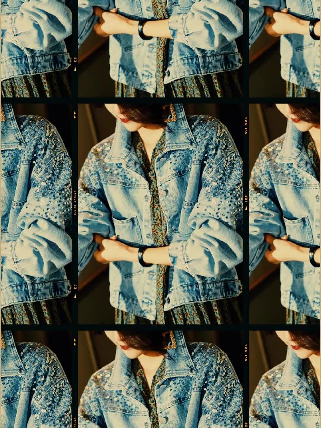 Women'S Vintage-Inspired Faux Denim Jacket with Sequin Pockets - Casual Yet Chic Long Sleeve Button-Up Outerwear for Spring\u002FSummer, Non-Stretch Fabric, Casual Wear Jacket|Vintage Faux Denim Jacket|Sleek Casual Styl