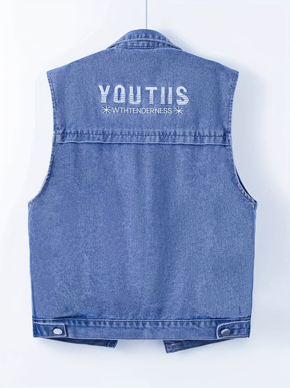 2025 New Women's Bohemian Embroidered Denim Vest - Sleeveless Buttoned Jacket with Pockets, Light Blue Spring and Autumn Casual Outerwear
