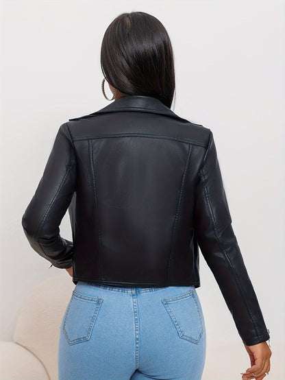 Women'S Chic Faux Leather Biker Jacket - Beige, Long Sleeve, Zipper Front, Pockets, Skinny Fit, Spring\u002FFall Fashion, Casual Attire Jacket|Chic Casual Jacket|Zippered Jacket