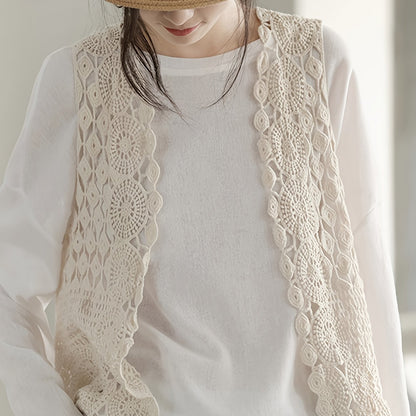 Boho Chic Cotton Breathable V-Neck Cardigan Vest for Women - Sleeveless, Hollow Out Design with Geometric Pattern, Perfect for Spring\u002FSummer, Short Fashion, Outdoor Wear, 14-16
