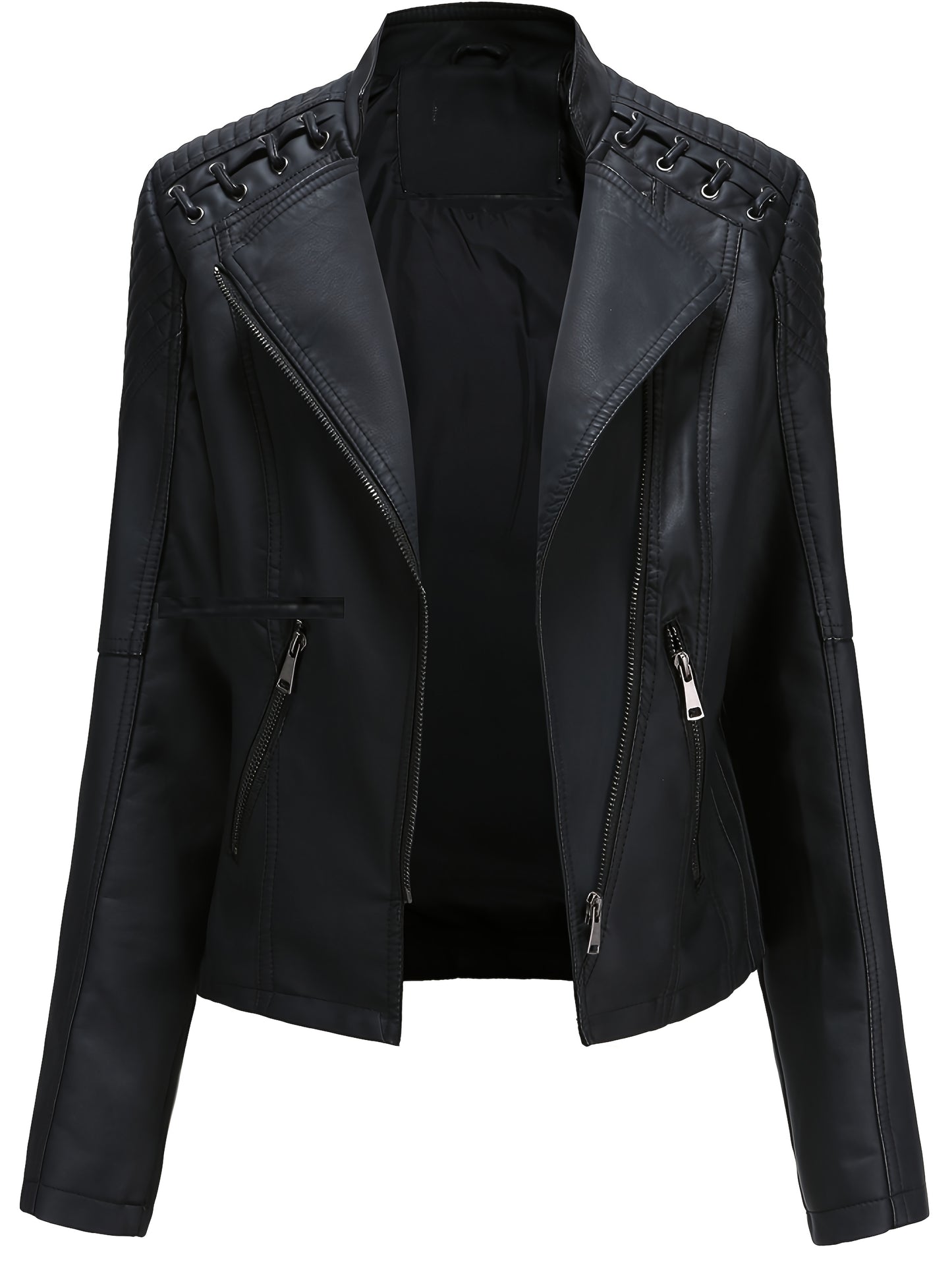 Short Silvery Zippered Motorcycle Jacket Black PU Moto Coat - Stand-Up Collar with Metal Buckles, Slim Fit Short Length, Shoulder Stitched Texture, Zippered Pockets