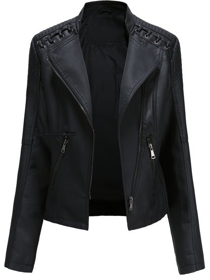Short Silvery Zippered Motorcycle Jacket Black PU Moto Coat - Stand-Up Collar with Metal Buckles, Slim Fit Short Length, Shoulder Stitched Texture, Zippered Pockets