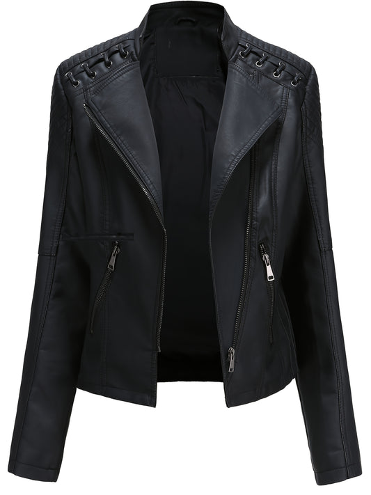 Short Silvery Zippered Motorcycle Jacket Black PU Moto Coat - Stand-Up Collar with Metal Buckles, Slim Fit Short Length, Shoulder Stitched Texture, Zippered Pockets