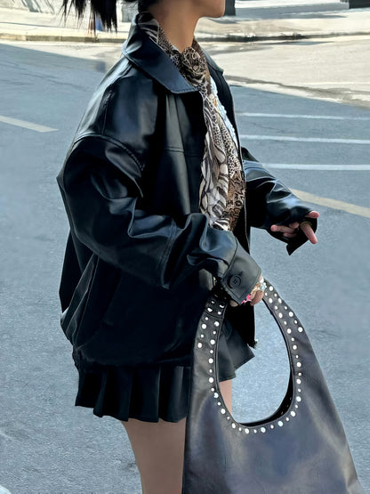 Women's Black Avant-Garde Biker Casual Lapel Baggy Long-Sleeved PU Leather Jacket, Spring & Fall, Zipper Closure, Lightweight & Durable, Perfect for Casual Outings