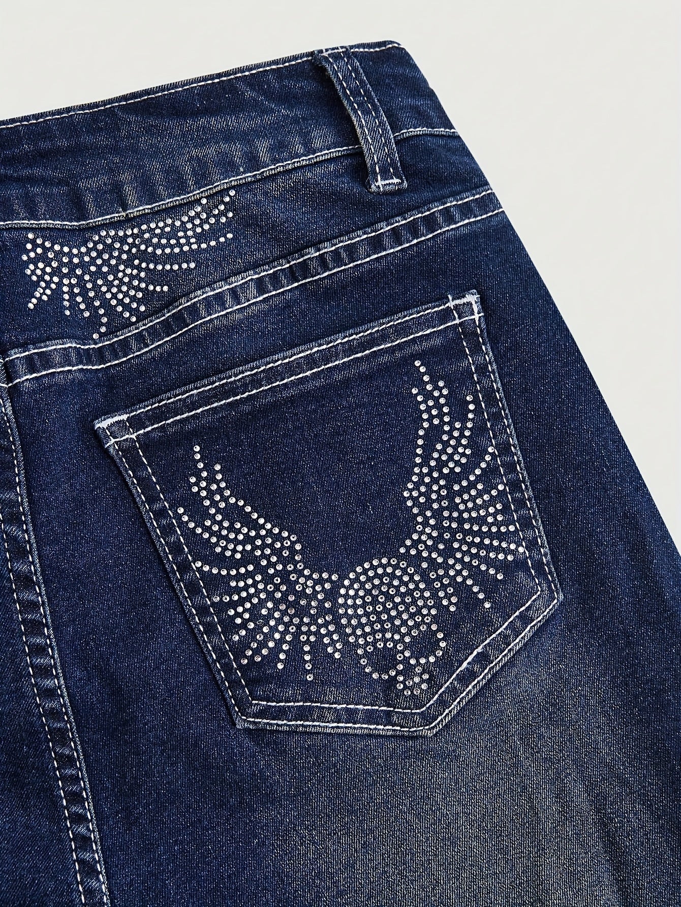 Stretch Comfort Women's Stretch Denim Flare Jeans with Rhinestone Details - Elegant Blue Bell Bottom Pants, Mid-Rise, Blend, Machine Washable, All-Season Comfort Fit