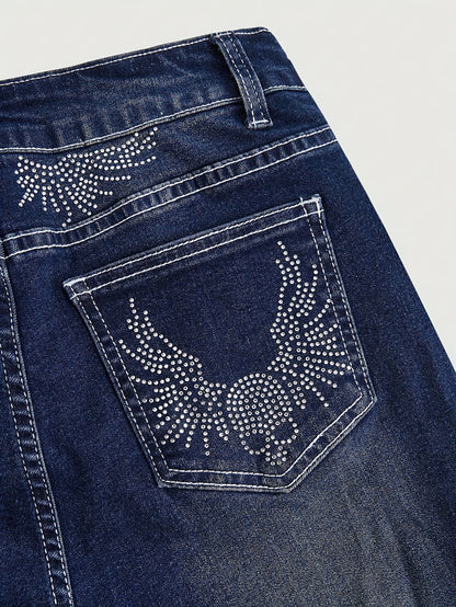 Stretch Comfort Women's Stretch Denim Flare Jeans with Rhinestone Details - Elegant Blue Bell Bottom Pants, Mid-Rise, Blend, Machine Washable, All-Season Comfort Fit