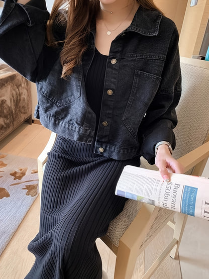 Women'S Black Denim Jacket with Cute Bear Applique - Casual Long Sleeve, Non-Stretch Fabric, Spring\u002FSummer Fashion, Casual Outerwear | Playful Design | Decorative Details