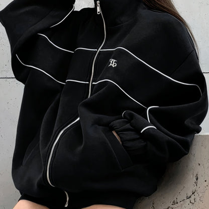 Solid Color Loose Casual Embroidered Stand Collar Jacket with Zipper for Women