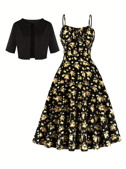 1pc Elegant Floral Print Two-Piece Dress Set, Polyester 100%, Crew Neck, Short Sleeve Top with Bow Detail, Woven Skirt, Spring\u002FSummer Party Outfit