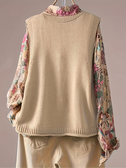 Young Women'S V-Neck Sleeveless Embroidered Floral Knit Acrylic Jacket, Relaxed Fit, Vintage Casual, with Hood, for Women