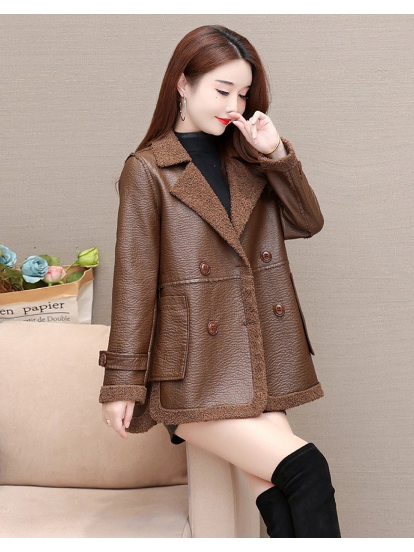 Elegant PU Leather Reversible Jacket for Women - Warm Fleece-Lined, Casual Loose Fit with Pockets, Solid Color, Polyurethane Material, Perfect for Fall\u002FWinter