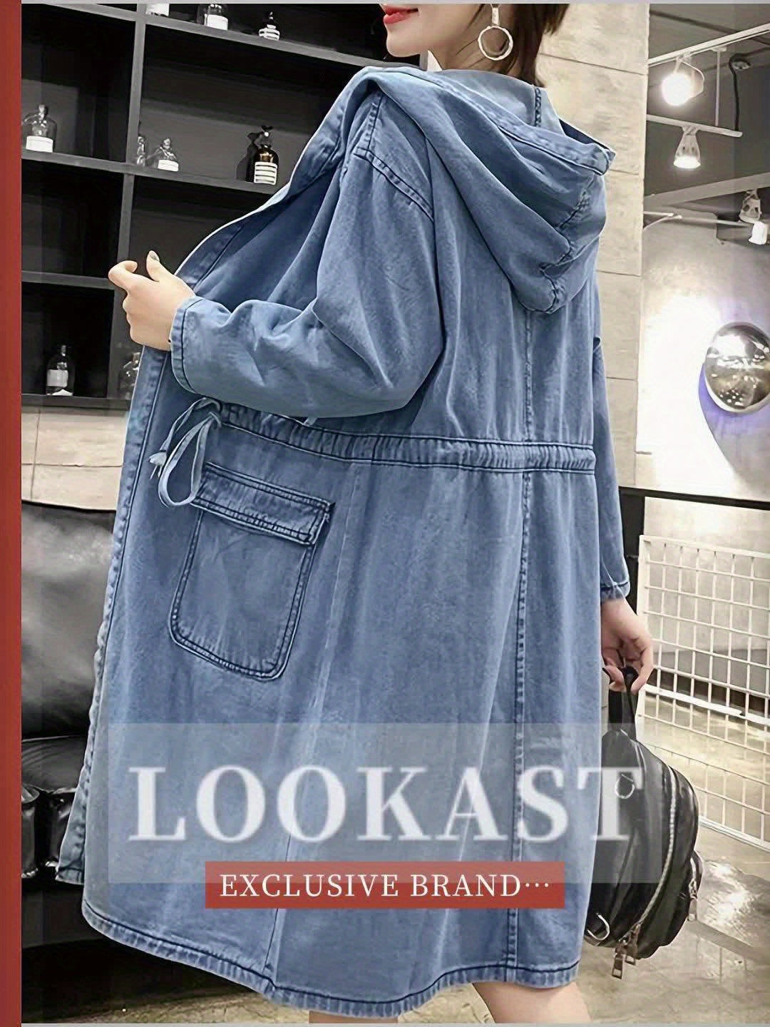 Women'S Vintage-Inspired Faux Denim Jacket with Kangaroo Pocket - Long Sleeve, Hooded, Non-Stretch Fabric, Casual Style, Spring\u002FSummer Collection, Blue Jean Jacket for Women