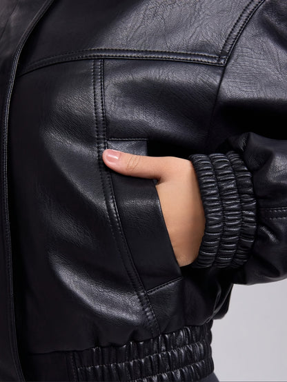 Women'S Casual Stand Collar Black Cropped Jacket, Faux Leather with Zipper, Solid Color, Long Sleeve, Short Length, Fall\u002FWinter Outerwear, 91% Polyester 5% 4% Viscose