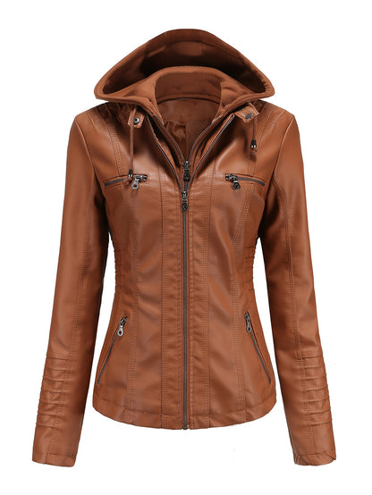 Women'S Elegant Black Hooded Jacket with Detachable Shoulder Straps - Perfect for Spring and Fall, Casual Style, Zipper Closure, Faux Leather Outerwear, Casual Jacket| Detachable Shoulder Straps|Zipper Closure Jacke