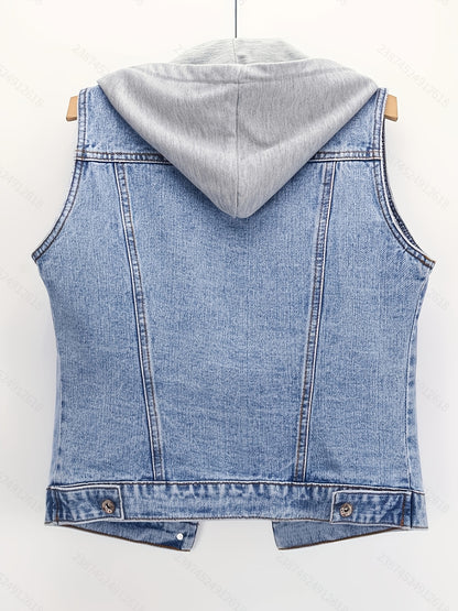 Spring-Summer Loose Korean Style Trendy Casual Sleeveless Short Jacket with Detachable Hoodie, Versatile Single-Breasted Cardigan