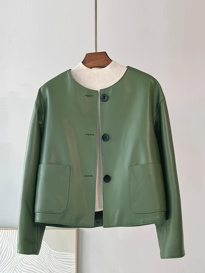 Women's Chic Green PU Leather Jacket - Casual Short Style with Button Front, Long Sleeves, and Side Pockets for Spring\u002FFall