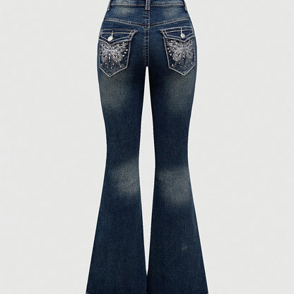 2024 Women's Hand-Embroidered Rhinestone Back Pocket Flared Jeans - Stretch Comfort Washed Denim, Elegant Machine-Washable All-Season Casual Pants, Comfortable Fashion, Fashionforward Design, Detailed Embroidery