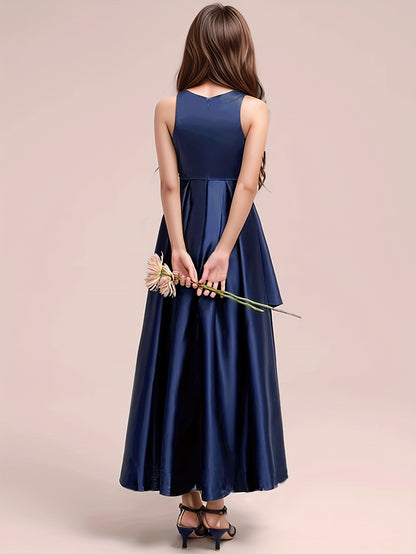 GULULU Girls' Elegant Summer Dress - Sleeveless Navy Blue A-Line Gown with Floral Detail, Lightweight Polyester Fabric, Perfect for Youngsters, Princess Style Long Dress, Summer Dresse