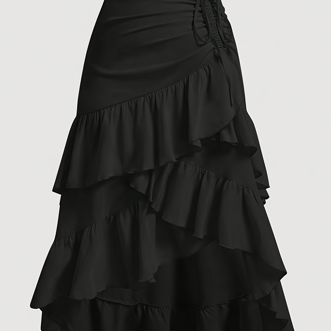 Vintage Brown Pleated Midi Skirt with Ruffled Hem and Cross Detail – Breathable, Stretchy Waistband, Machine Washable – Perfect for Commuting, Outings, and Everyday Elegance