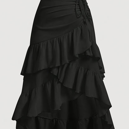 Vintage Brown Pleated Midi Skirt with Ruffled Hem and Cross Detail – Breathable, Stretchy Waistband, Machine Washable – Perfect for Commuting, Outings, and Everyday Elegance