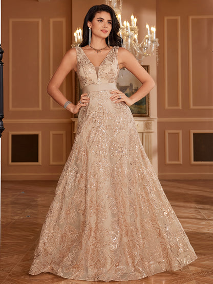 Elegant V-Neck Sequin Embroidered Sleeveless Maxi Dress for Women - Flowing Floor-Length Evening Gown with Lace Detailing, Perfect for Parties, Proms, and Formal Events